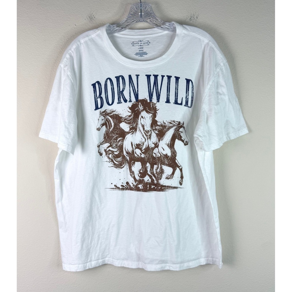 State of Mine T-Shirt Mens XL Born Wild Horse Graphic White Short Sleeve Tee